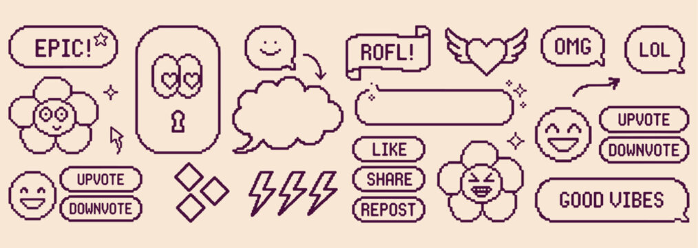 Retro internet slang icons, ROFL speech bubble doodles, vintage web reaction stickers, like share repost graphics, funny social media symbols, nostalgic computer chat art, pixel style reaction set
