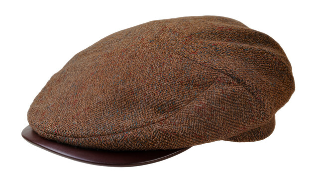 Brown tweed flat cap with leather brim, isolated on transparent background