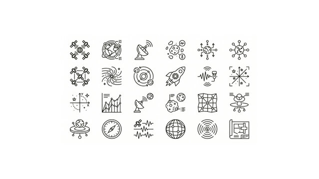 Minimal Space Data Intelligence Icon Set &ndash; Thin Line Black Outline UI, 24 Cosmic & Orbital Systems Vector Icons Grid
