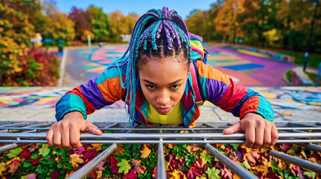 High-angle portrait of a young woman with blue and purple braids performing a climb or push-up on a metal structure. Vibrant urban park background with autumn leaves.