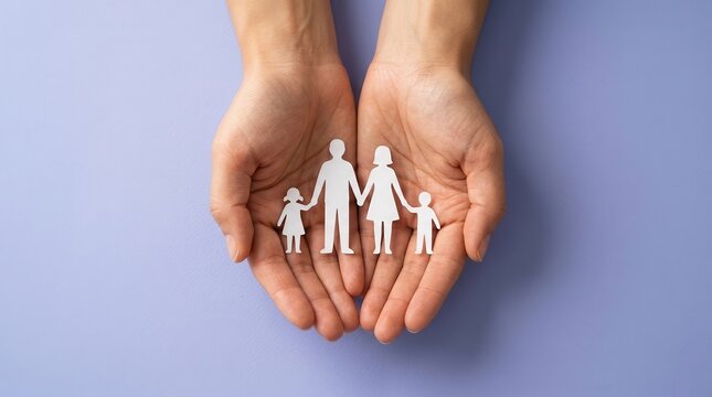 Hands protecting a small paper family silhouette to illustrate cost of living and recession concepts.