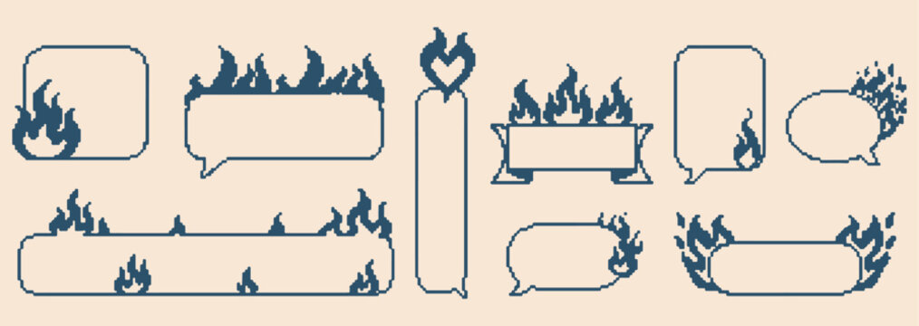 Flaming hot fire banners, spicy alert speech bubbles, red heat flame icons, burning message frame set, warning fire border graphics, aggressive speed flame stickers, intense burning banner elements
