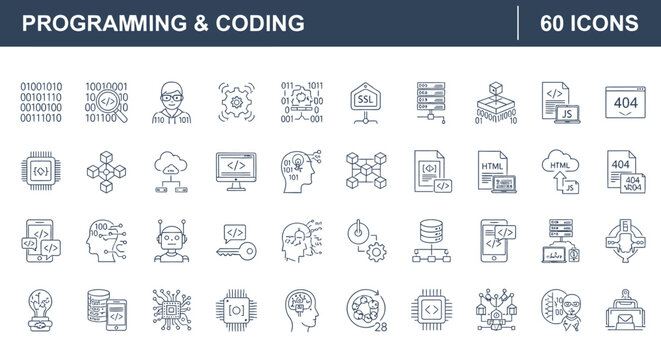 Modern programming and coding line icons for software development, data science, artificial intelligence, machine learning, and cloud computing solutions