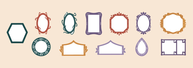 Elegant frame ornaments set, vintage decorative border icons, classic antique mirror frames, sophisticated wedding border art, luxury photo frame graphics, royal ornate border collection, minimalist b © Geetaroy