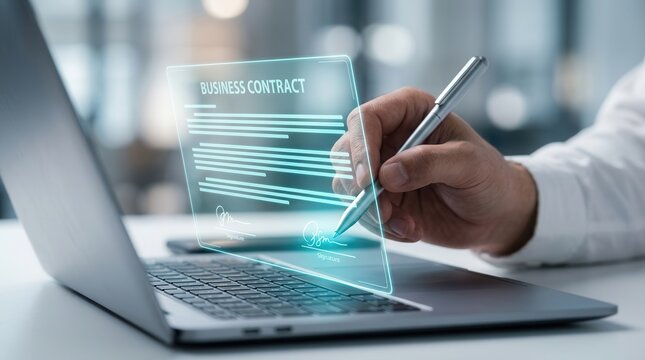 Online business contract signing process shown on a high-tech virtual digital interface.