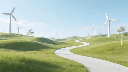 Fototapeta premium Wind turbines on green hills with winding path