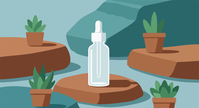 Minimalist depiction of a clear dropper bottle and potted plants on earthy rocks
