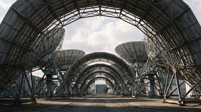 Array of Large Satellite Dishes under Arched Metal Structures