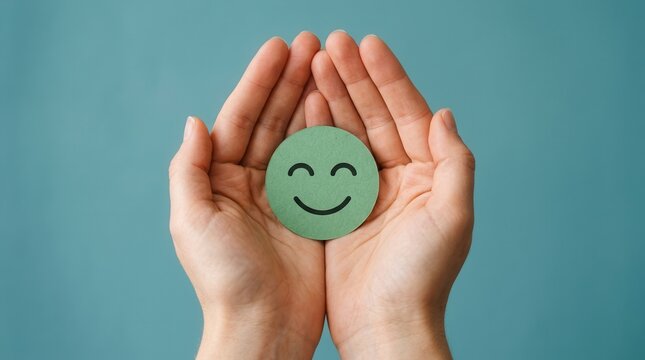 A green happy smiley face held in hands for mental health assessment and child wellness.