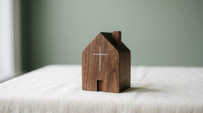 Streaming online church service concept featuring a wooden house with a white cross.