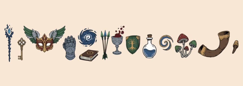Magic spell book potions, mystical wizard equipment icons, alchemy science experiment graphics, fantasy roleplay item set, ancient mystery scroll art, magical potion bottle icons, witchcraft occult sy
