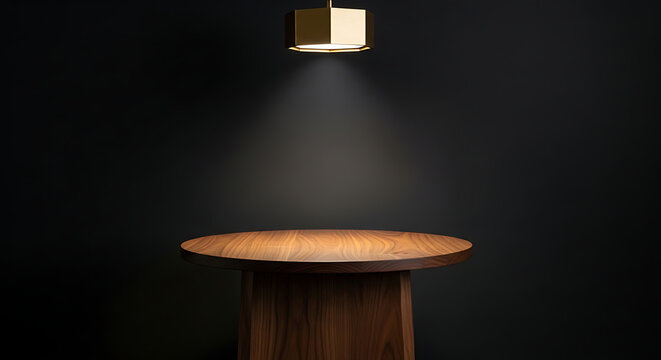 A wooden table with a light shining on it in a dark room
