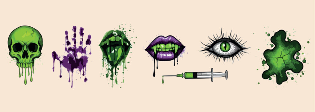 Dark horror lips set, gothic vampire fangs art, spooky Halloween mouth icons, green zombie poison lips, macabre beauty fashion graphics, occult horror mouth doodles, alternative edgy lip illustration
