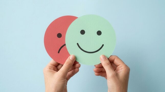 A representation of mood change and depression showing a sad face hiding behind a happy mask.