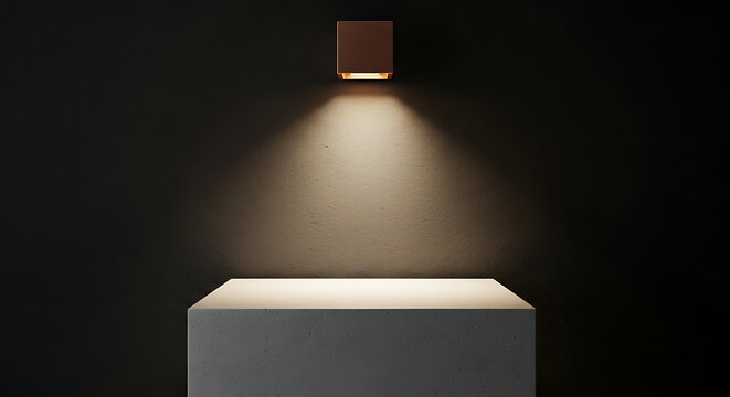 Modern copper wall light shining on a concrete block in darkness