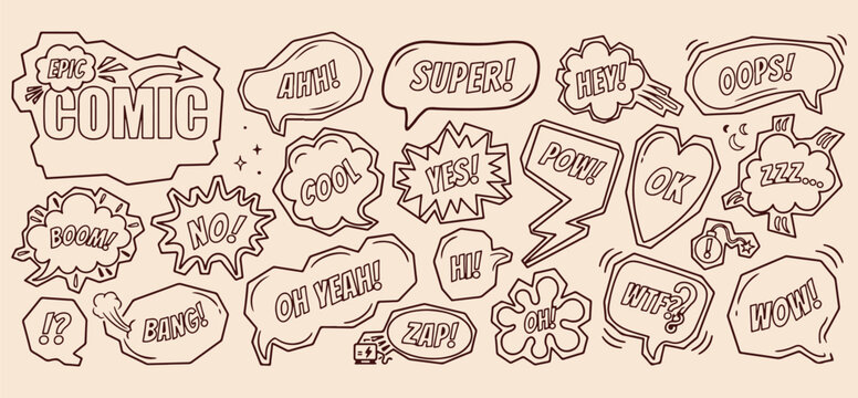 Retro comic shout bubbles, pop art speech icons, superhero "SUPER" "WOW" stickers, dynamic action word graphics, vintage cartoon dialogue set, fun comic book sound, expressive shout bubble art
