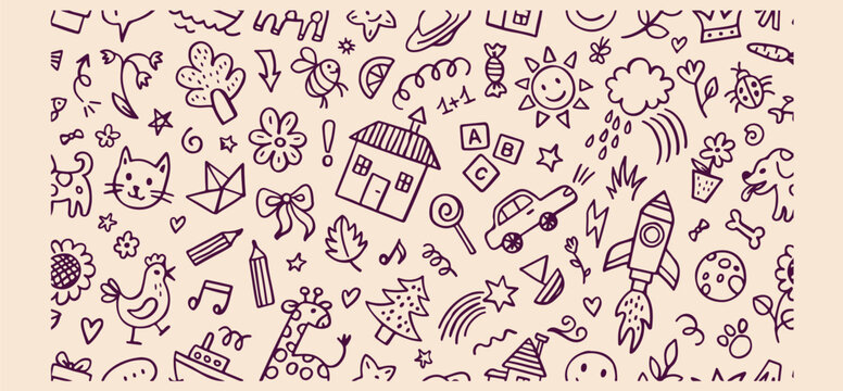 Hand drawn childhood doodles, nostalgic school play icons, whimsical kids toys graphics, simple house car doodles, creative imagination art set, playful line art stickers, nursery education doodle col