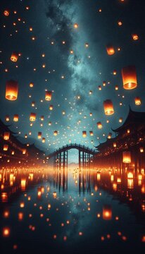 farolillos de luz cerca del puente del rio