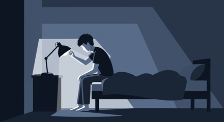 Fototapeta premium A Person Awakes Under The Stillness of Night in Monochromatic Bedroom Illustration