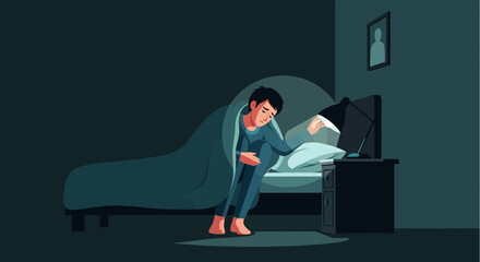 Fototapeta premium A Person Dealing With Mental Strain and Sleepless Nights in a Low-Lit and Calm Setting