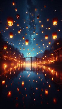 farolillos de luz cerca del puente del rio