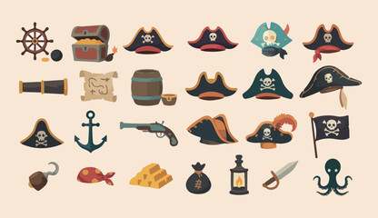 Pirate adventure icons set, nautical treasure hunt graphics, vintage pirate hat stickers, seafaring pirate ship equipment, buccaneer skull crossbones art, caribbean pirate life collection, ocean treas © Geetaroy