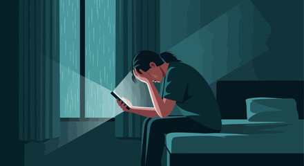 Fototapeta premium A Person Distraught in a Dark Room Looking at Their Phone in the Rain