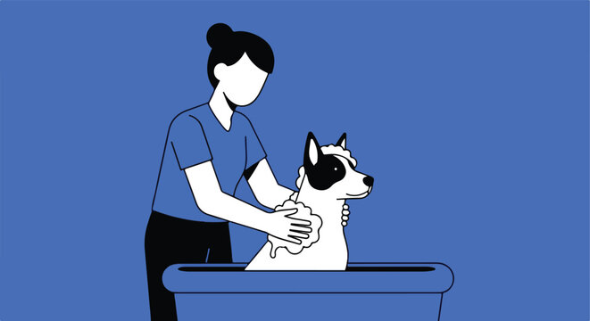 Minimalist illustration person baths dog in tub, lathering with soap and suds