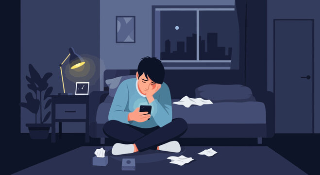 A Person Displays Sadness While Looking At Their Phone In A Bedroom Setting