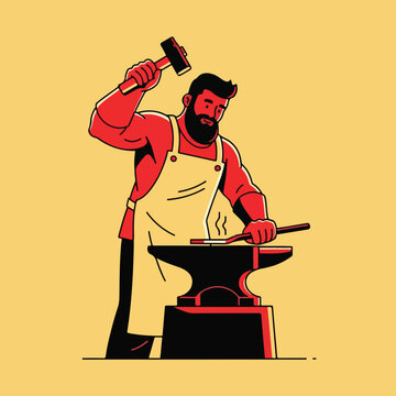 Bearded smith in apron hammers glowing metal on an anvil, depicting traditional craft