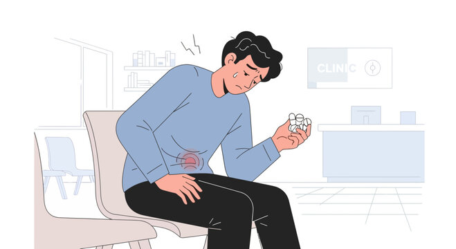 A Person Displays Symptoms While Waiting At Clinic, Depicting Abdominal Pain And Medication