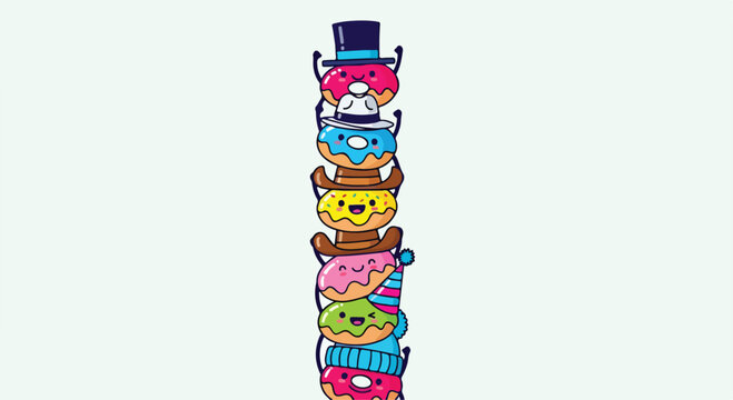 A stack of 8 donuts with colorful frosting and hats