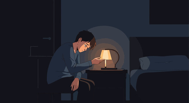 A Person Contemplating in a Dimly Lit Room Near a Lamp by the Bedside