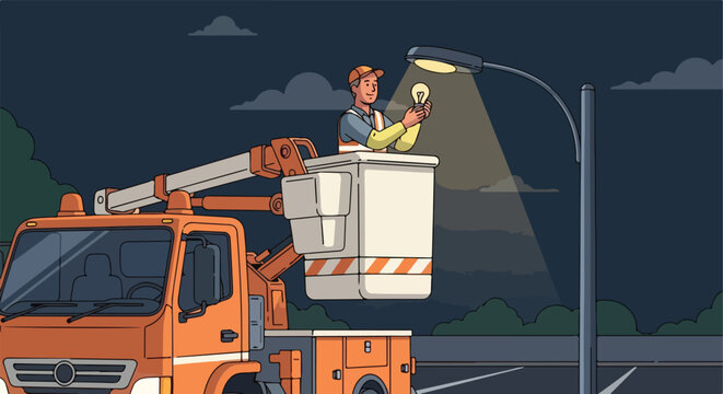 Worker in cherry picker replaces streetlamp bulb at night, illuminating the scene