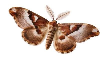 Naklejka premium Brown and white moth with feathery antennae, isolated on transparent background