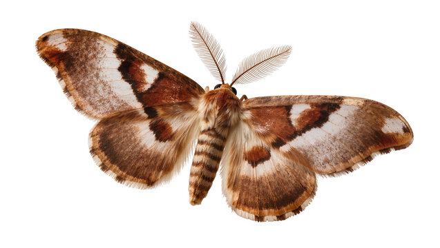 Brown and white moth with feathery antennae, isolated on transparent background