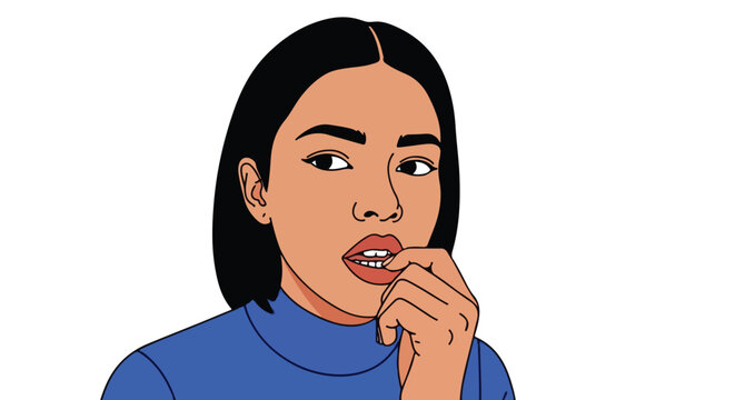 Vector illustration of a woman biting her nails, showing anxiety or worry