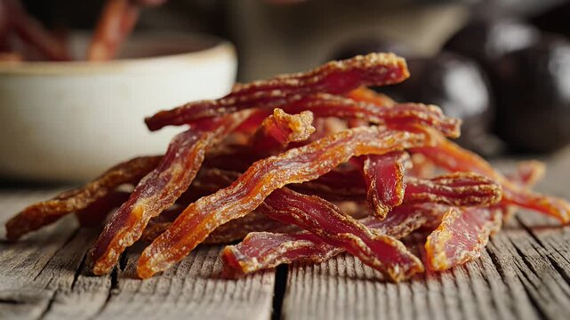Close-up of delicious jerky strips on a wooden surface, food photography.