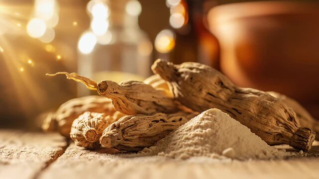 Close-up of dried cardamom pods and powder on a wooden surface.