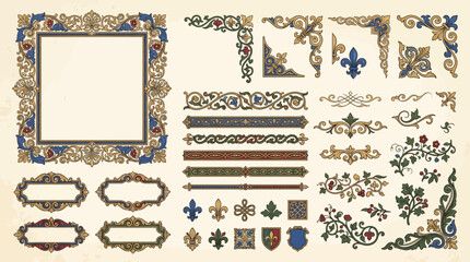 Obraz premium Medieval Ornamental Frame Border Floral Vintage Decorative Vector Elements Set