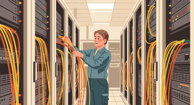 Engineer maintaining server racks, organizing colorful cables in a vast data center