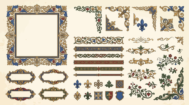 Medieval Ornamental Frame Border Floral Vintage Decorative Vector Elements Set