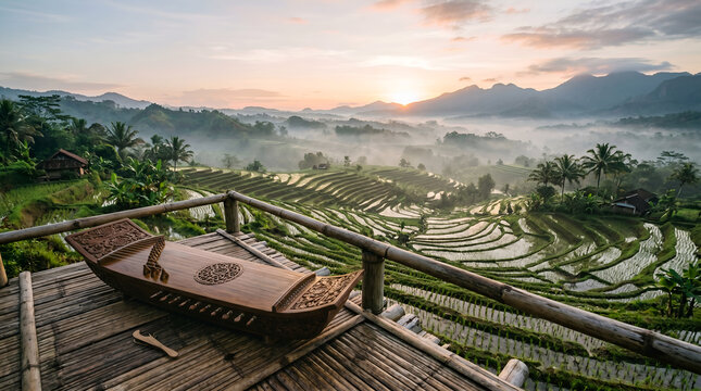Traditional Kecapi instrument in authentic Indonesian landscape for tourism campaigns, cultural storytelling, travel editorials, and heritage promotions.