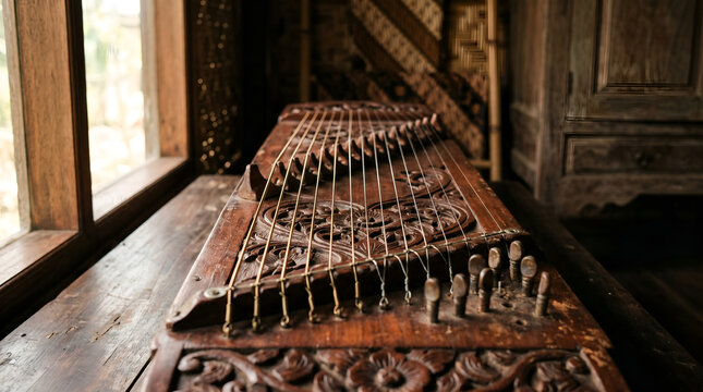 Authentic Kecapi Sundanese zither with realistic handcrafted detail for cultural campaigns, tourism branding, music education, and Indonesian heritage promotions.