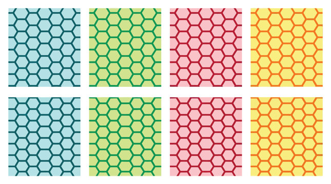 Geometric honeycomb seamless pattern set, colorful hexagon grid textures, 8 vector swatches in blue green pink and yellow for textile design