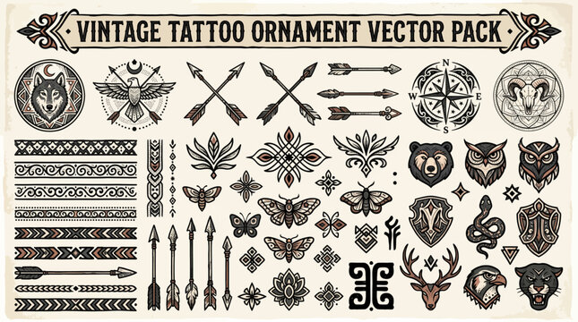 Vintage Tattoo Ornament Tribal Animal Arrow Decorative Vector Elements Pack