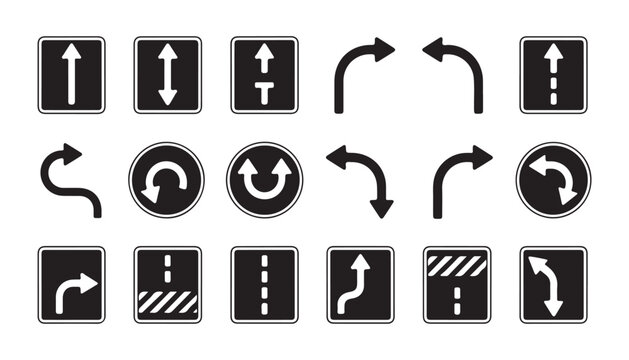 Various black road sign icons for traffic control and street direction guidance on transparent background.