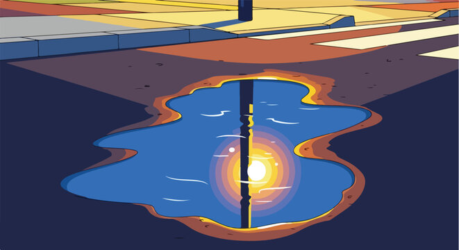Street puddle reflects vibrant circular light and vertical pole, amidst geometric shadows