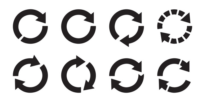 Collection of black circular arrows representing refresh repeat reload rotation and circular motion on transparent background.