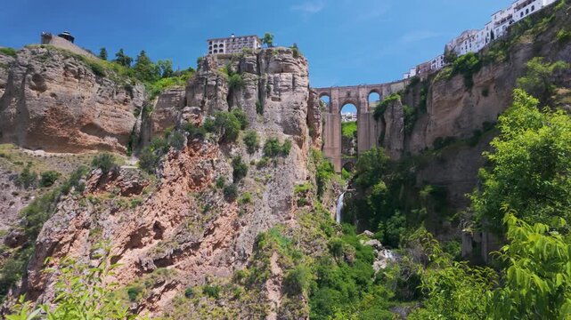 Panoramic view of the Puente Nuevo (New Bridge) in Ronda, Granada, Andalusia, Spain.
